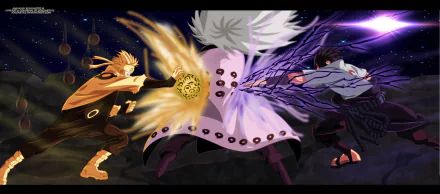 HD desktop wallpaper featuring anime characters Madara Uchiha, Sasuke Uchiha, and Naruto Uzumaki from Naruto in a dynamic battle scene with vivid colors and intense action.