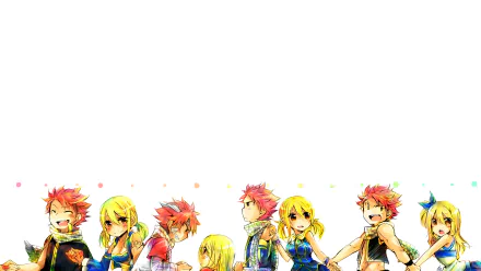 HD desktop wallpaper featuring Natsu Dragneel and Lucy Heartfilia from the anime Fairy Tail, depicted in multiple vibrant and expressive poses, with a clean white background. Tagged NaLu and Fairy Tail.
