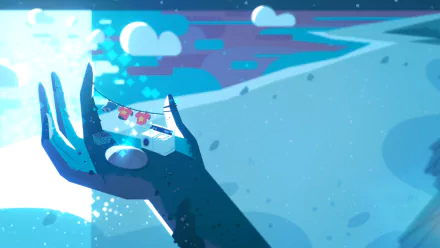 HD desktop wallpaper and background featuring a scenic image from the TV show Steven Universe, showing a hand rising from the ocean, holding a metallic object with clothes on a line in a tranquil, surreal setting.