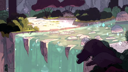 A serene waterfall cascades over rocky cliffs, surrounded by lush greenery, inspired by the animated TV show Steven Universe, serving as an enchanting HD desktop wallpaper.