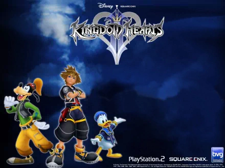 HD PC wallpaper featuring Sora, Goofy, and Donald Duck from the Kingdom Hearts video game series against a blue sky background with the Kingdom Hearts logo above.