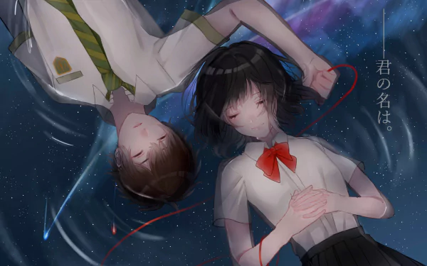 HD anime desktop wallpaper from Your Name. shows a boy and girl lying back-to-back with a red thread connecting their hands against a starry night sky.