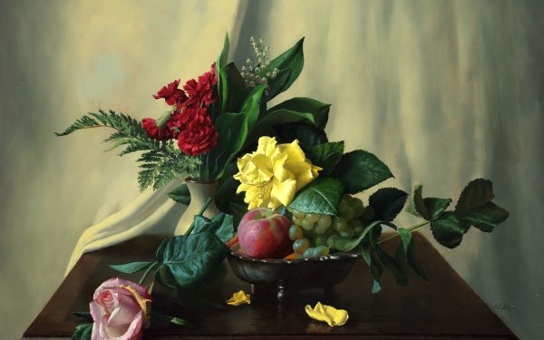 Photography Still Life Flower Rose Bowl Fruit HD Wallpaper | Background Image
