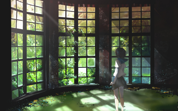 Anime Girl School Uniform Forest Ruin HD Wallpaper | Background Image
