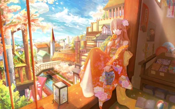 A serene anime scene featuring a girl in a colorful kimono, overlooking a vibrant cityscape with cherry blossoms under a bright sky. This HD image serves as a stunning desktop wallpaper.