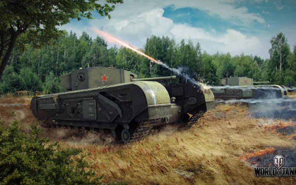 HD PC desktop wallpaper featuring a Churchill tank firing in a forested battlefield, from the video game World of Tanks.