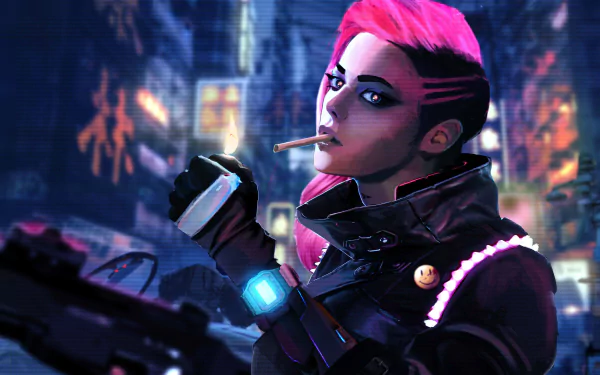 A fierce woman warrior with striking pink hair stands confidently in a cyberpunk cityscape, holding a drink and a cigarette, embodying a bold sci-fi aesthetic in high-definition detail.