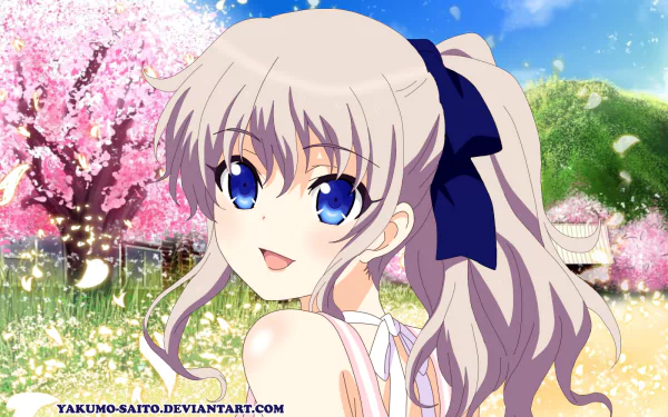 A vibrant HD wallpaper featuring Nao Tomori from the anime Charlotte, smiling in a picturesque scene with blossoming cherry trees and soft petals drifting in the breeze.