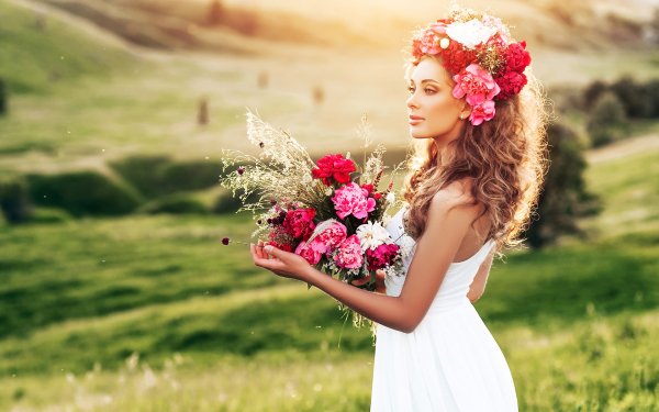 Women Model White Dress Bouquet Wreath Brunette HD Wallpaper | Background Image
