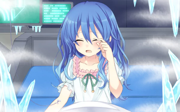Anime character Yoshino from Date A Live wipes away tears, her blue hair cascading over her shoulders, set against a cool, icy backdrop in this HD wallpaper.