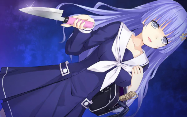 A vibrant HD desktop wallpaper featuring Miku Izayoi from the anime Date A Live, portraying her with a knife, set against a striking blue background.