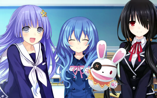 Three characters from Date A Live smile together: Yoshino, Miku Izayoi, and Kurumi Tokisaki, set against a vibrant background, creating a lively and engaging HD wallpaper.