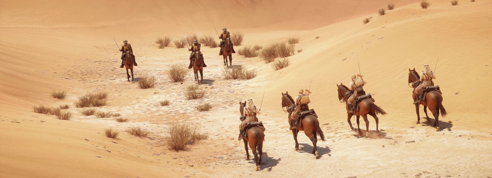 A captivating HD wallpaper from Battlefield 1 depicting soldiers on horseback traversing a desert landscape, evoking the game's intense atmosphere and historical setting.
