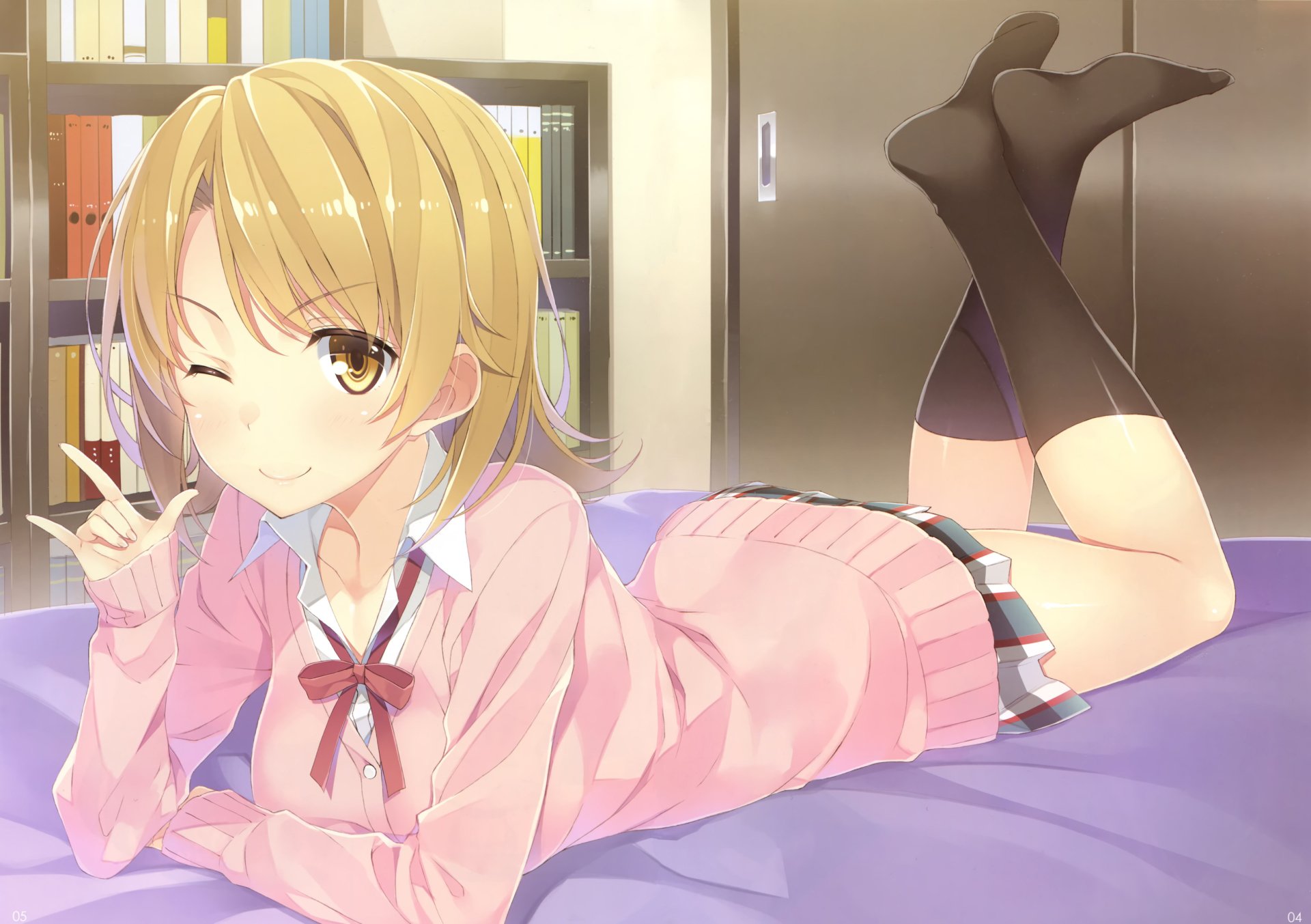Iroha Isshiki from My Teen Romantic Comedy SNAFU lounges on a bed, playfully winking while dressed in a pink sweater and skirt, creating a charming anime desktop wallpaper.