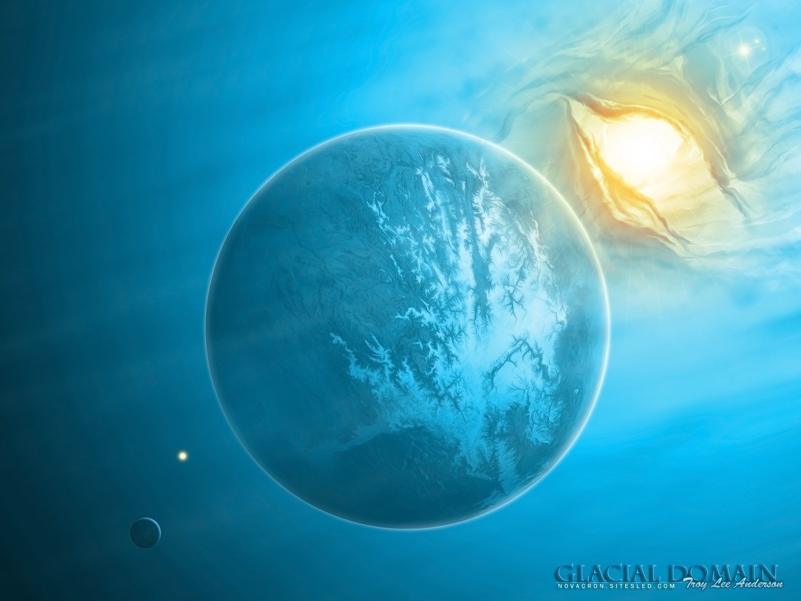 HD sci-fi PC desktop wallpaper featuring a detailed blue planet with atmospheric clouds and a bright glowing star in a cosmic space scene.