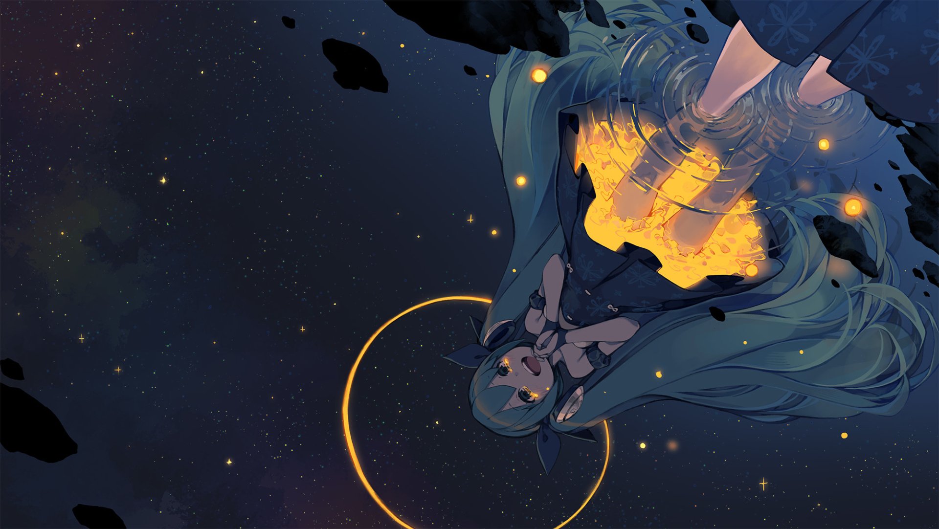 Anime character Hatsune Miku with long blue hair floats above shimmering water, reflecting a vibrant sky filled with stars and cosmic elements. An enchanting HD wallpaper for fans.