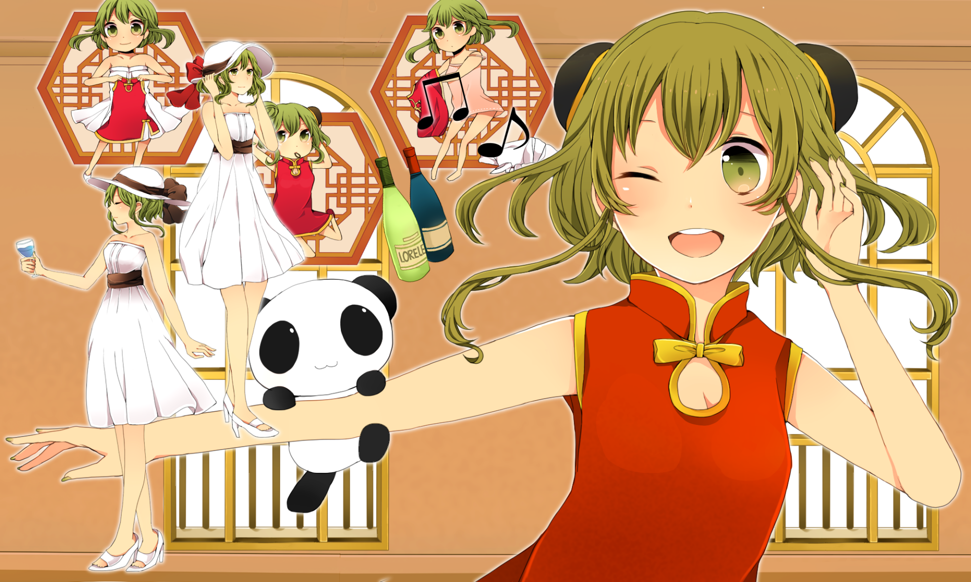 HD PC desktop wallpaper and background featuring anime Vocaloid GUMI (Vocaloid) winking in a red cheongsam, holding a panda plush, surrounded by smaller poses and musical motifs.