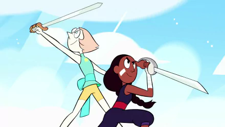 HD PC desktop wallpaper featuring Connie Maheswaran and Pearl from the TV show Steven Universe, both poised with swords against a bright, cloudy sky background.