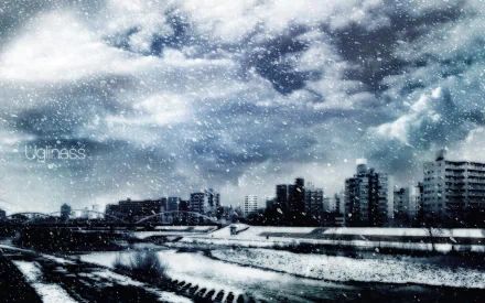 A serene anime-inspired cityscape under a dramatic sky, featuring tall buildings and a river, with a snowfall creating a captivating atmosphere. HD PC desktop wallpaper and background.