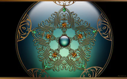 Ornate jewelry medallion design with intricate abstract filigree, emerald and gold accents around a central cabochon — 4K Ultra HD PC desktop wallpaper/background.