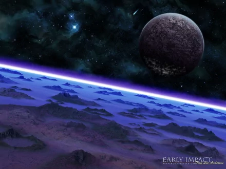 HD sci-fi desktop wallpaper depicting a rugged alien planet surface beneath a glowing horizon with a large, dark planet and starry space in the background.