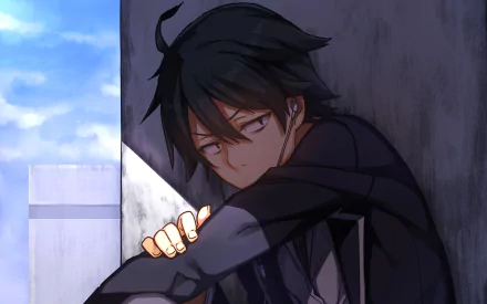 HD desktop wallpaper featuring Hachiman Hikigaya from the anime My Teen Romantic Comedy SNAFU, sitting pensively against a wall with a blue sky in the background.