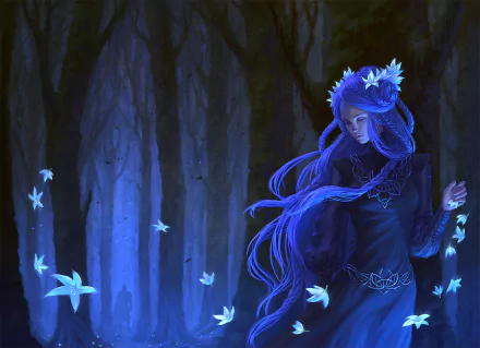 A woman with long, braided blue hair wears a flowing blue dress in a mystical forest, surrounded by glowing leaves, creating an enchanting fantasy scene.
