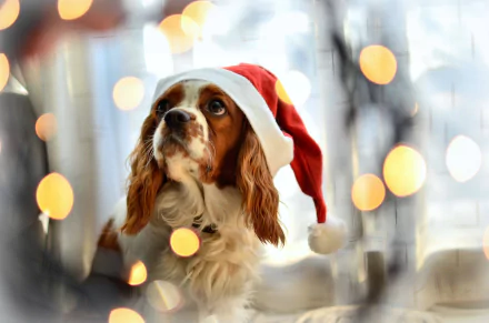 King Charles Spaniel wearing a Santa hat against a soft bokeh background, captured in HD for a festive PC desktop wallpaper.