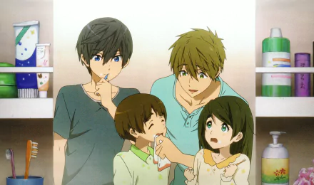 A vibrant HD desktop wallpaper featuring characters from the anime Free! as they share a playful moment in a bathroom, showcasing a warm familial atmosphere.