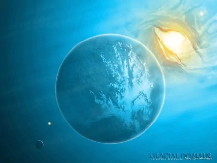 HD sci-fi PC desktop wallpaper featuring a detailed blue planet with atmospheric clouds and a bright glowing star in a cosmic space scene.