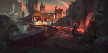 HD fantasy cityscape at sunset featuring towering castles and a lone rider on horseback along a winding path, designed as a PC desktop wallpaper and background.