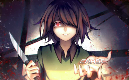 HD wallpaper featuring Chara from the video game Undertale. Chara, with brown hair and red eyes, smiles while holding a knife with blood on it. The theme is intense and dark.