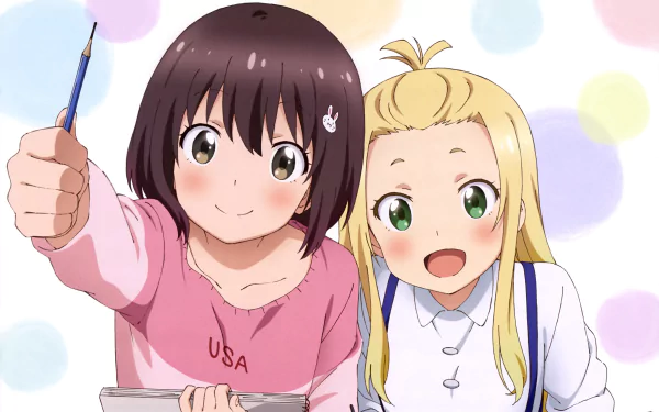 A vibrant 4K Ultra HD wallpaper featuring Mizuki Usami and Colette from This Art Club Has a Problem! smiling playfully, surrounded by colorful polka dots.