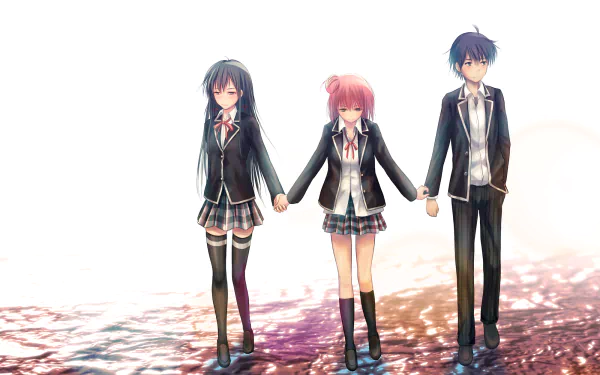Hachiman Hikigaya, Yui Yuigahama, and Yukino Yukinoshita stand hand in hand on a reflective surface, captured in a vibrant scene from the anime My Teen Romantic Comedy SNAFU.