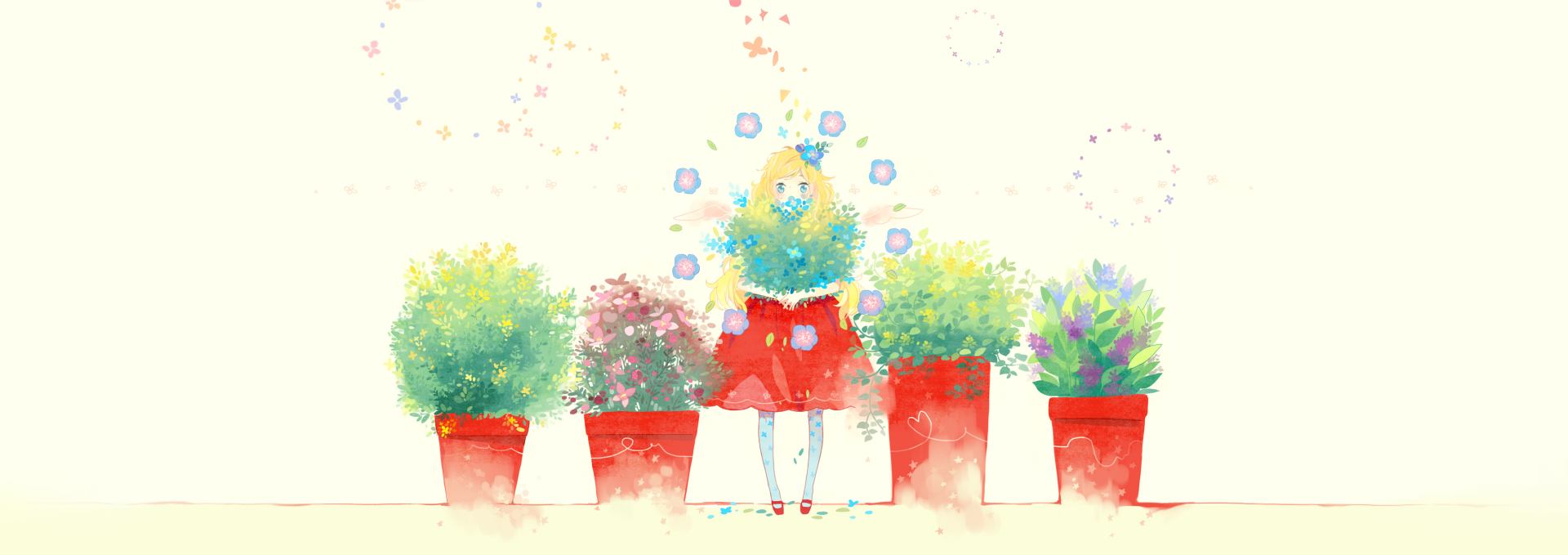 A vibrant anime-inspired original artwork featuring a girl surrounded by colorful plants in pots, creating a lively and cheerful HD desktop wallpaper.