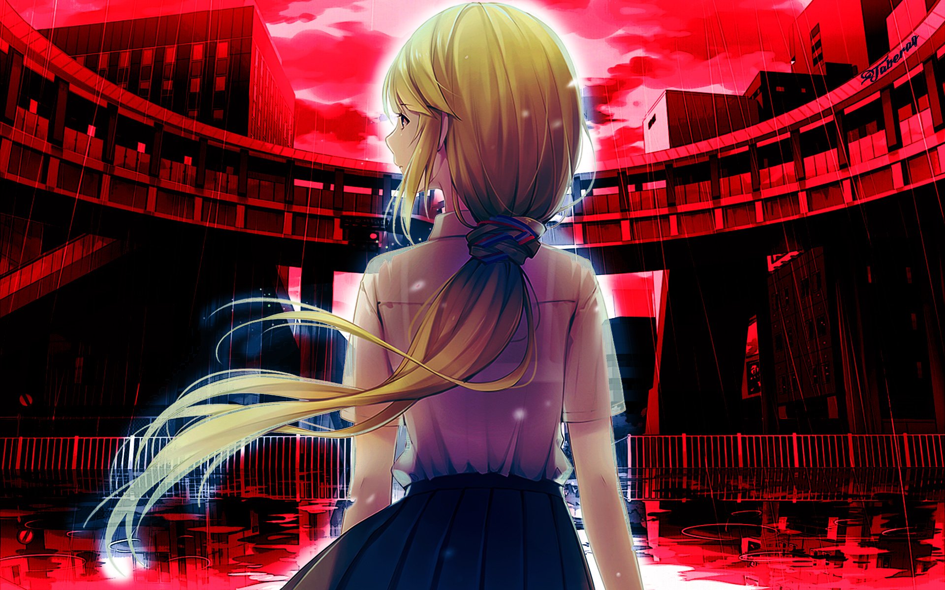 Anime HD PC desktop wallpaper of a blonde woman in a school uniform, seen from behind with hair tied by a ribbon, facing a blood-red sky and a reflective urban pool beneath a circular bridge.