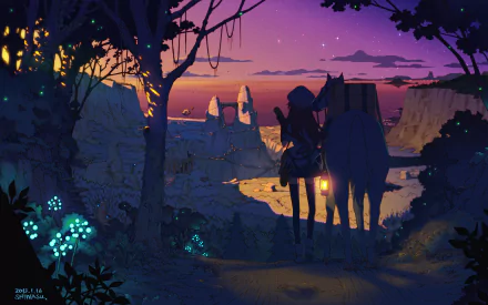 HD anime original artwork depicting a traveler and horse silhouetted at sunset, framed by glowing plants and rugged cliffs, designed as a PC desktop wallpaper.