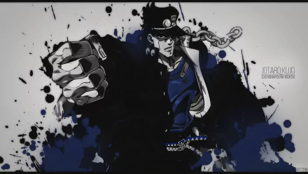 An HD wallpaper featuring Jotaro Kujo from the anime JoJo's Bizarre Adventure, showcasing a dynamic pose with bold, abstract splashes of color.