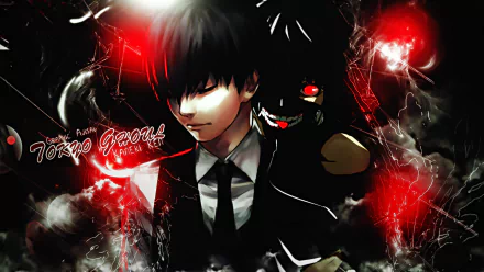High-definition wallpaper featuring Ken Kaneki from Tokyo Ghoul, showcasing his black hair, red eyes, and a mysterious mask in a dramatic, dark setting.
