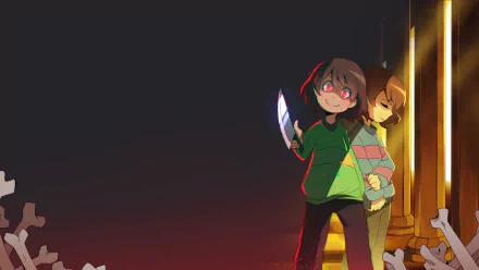 HD wallpaper featuring Frisk and Chara from the video game Undertale. Chara holds a knife with a sinister smile, while Frisk stands close behind, set against a dark background with bone fragments.