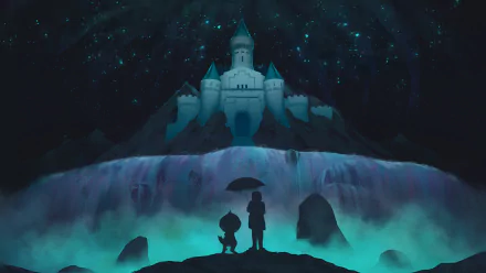 A captivating HD wallpaper featuring Monster Kid and Frisk from Undertale, set against a mystical castle backdrop illuminated by stars and a glowing waterfall.