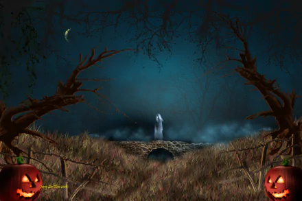 HD desktop wallpaper of a spooky Halloween night scene with glowing jack-o'-lanterns, a ghostly figure on a bridge, bare trees, and a crescent moon in the dark sky.