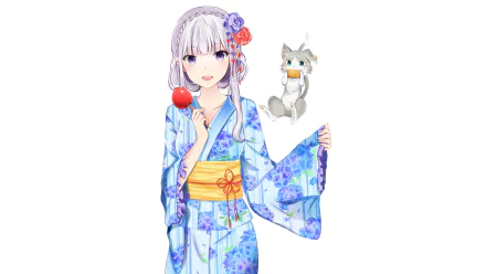 Emilia from Re:ZERO, dressed in a beautiful blue kimono, holds a lollipop while her adorable companion, Pack, playfully enjoys a snack. An enchanting anime scene for fans of Re:Zero - Starting Life in Another World.