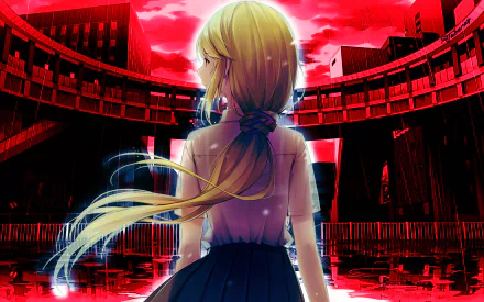 Anime HD PC desktop wallpaper of a blonde woman in a school uniform, seen from behind with hair tied by a ribbon, facing a blood-red sky and a reflective urban pool beneath a circular bridge.