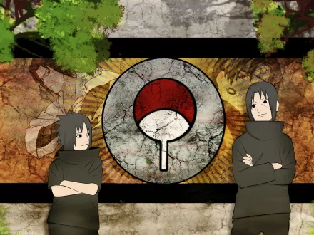 HD desktop wallpaper featuring Itachi and Sasuke Uchiha from the anime Naruto, with the Uchiha clan symbol in the center.