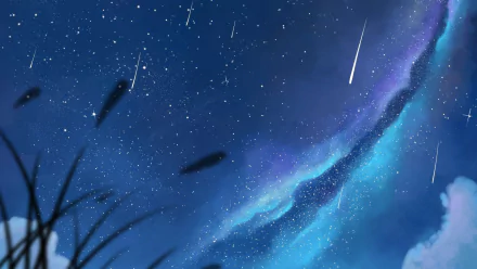 Anime-style HD desktop wallpaper depicting a starry night sky with bright stars and multiple shooting stars streaking across the vibrant blue cosmos.