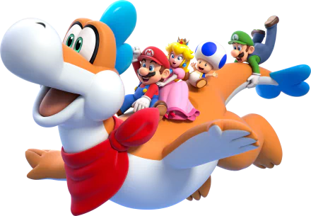 A vibrant HD wallpaper from the video game Super Mario 3D World, featuring Mario, Luigi, Princess Peach, Toad, and a friendly creature soaring through a colorful landscape.