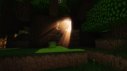 Sunlight beams through a dense Minecraft forest, illuminating grass and trees in this HD PC desktop wallpaper capturing nature's serene beauty within the video game.