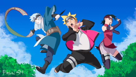 HD wallpaper featuring Boruto Uzumaki, Mitsuki, and Sarada Uchiha from the anime Boruto, set against a vibrant blue sky with clouds and greenery.