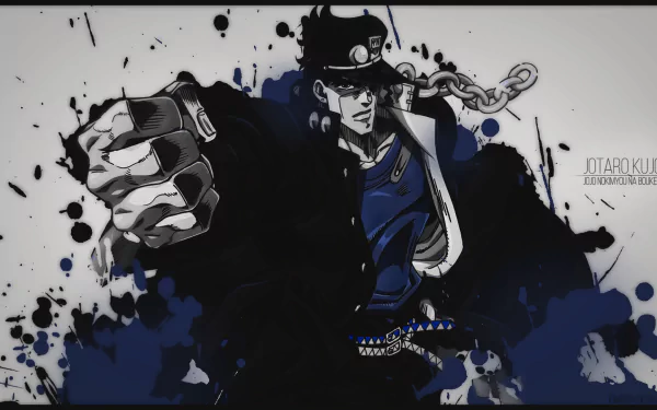 An HD wallpaper featuring Jotaro Kujo from the anime JoJo's Bizarre Adventure, showcasing a dynamic pose with bold, abstract splashes of color.